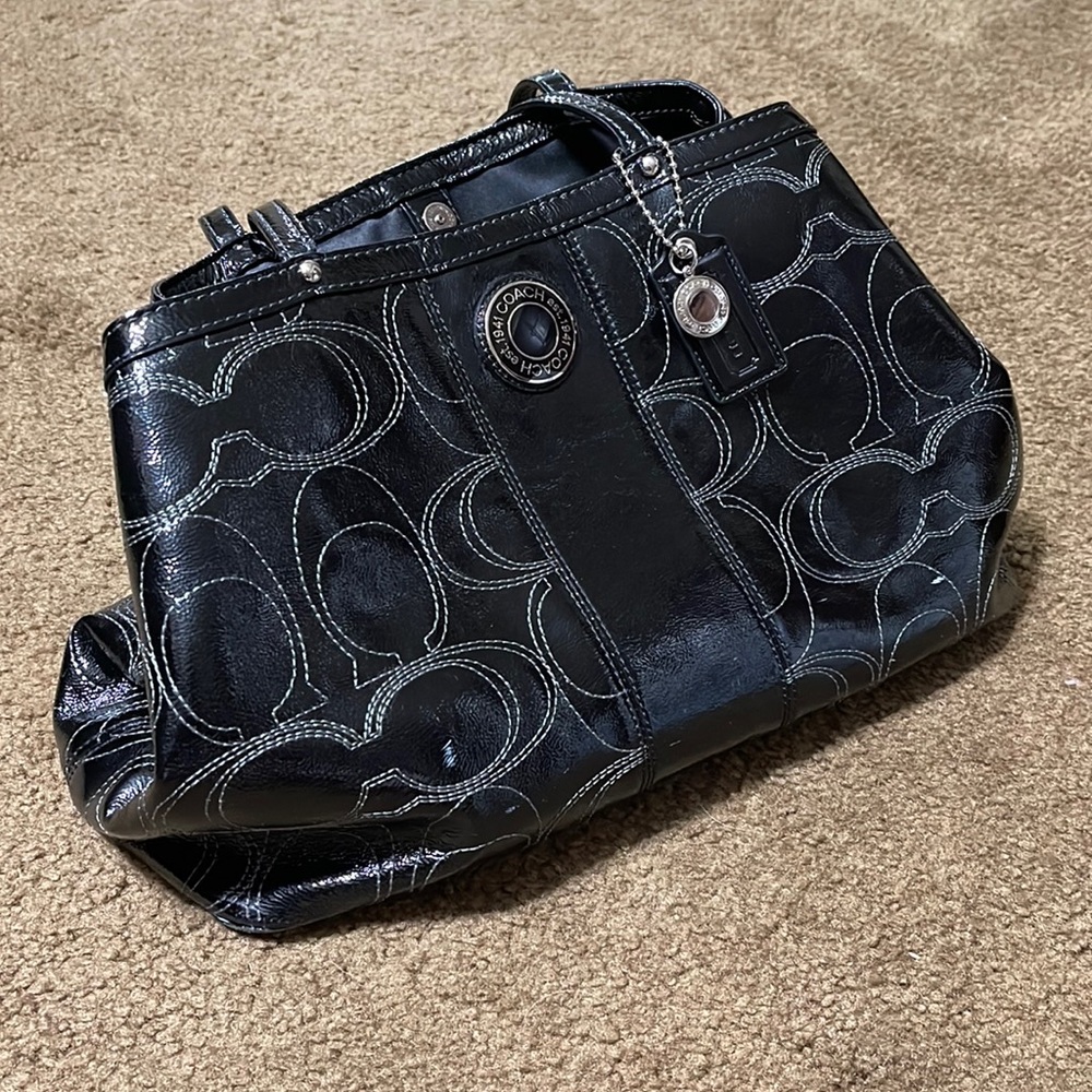 Coach signature stripe F19215 black patent leather shoulder bag